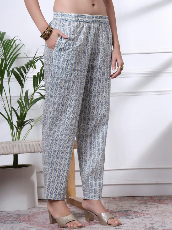Navy Pure Cotton Ethnic Motifs Straight Kurta Trouser Dupatta Set