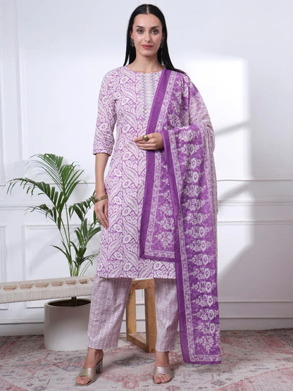 Purple Pure Cotton Ethnic Motifs Straight Kurta Trouser Dupatta Set