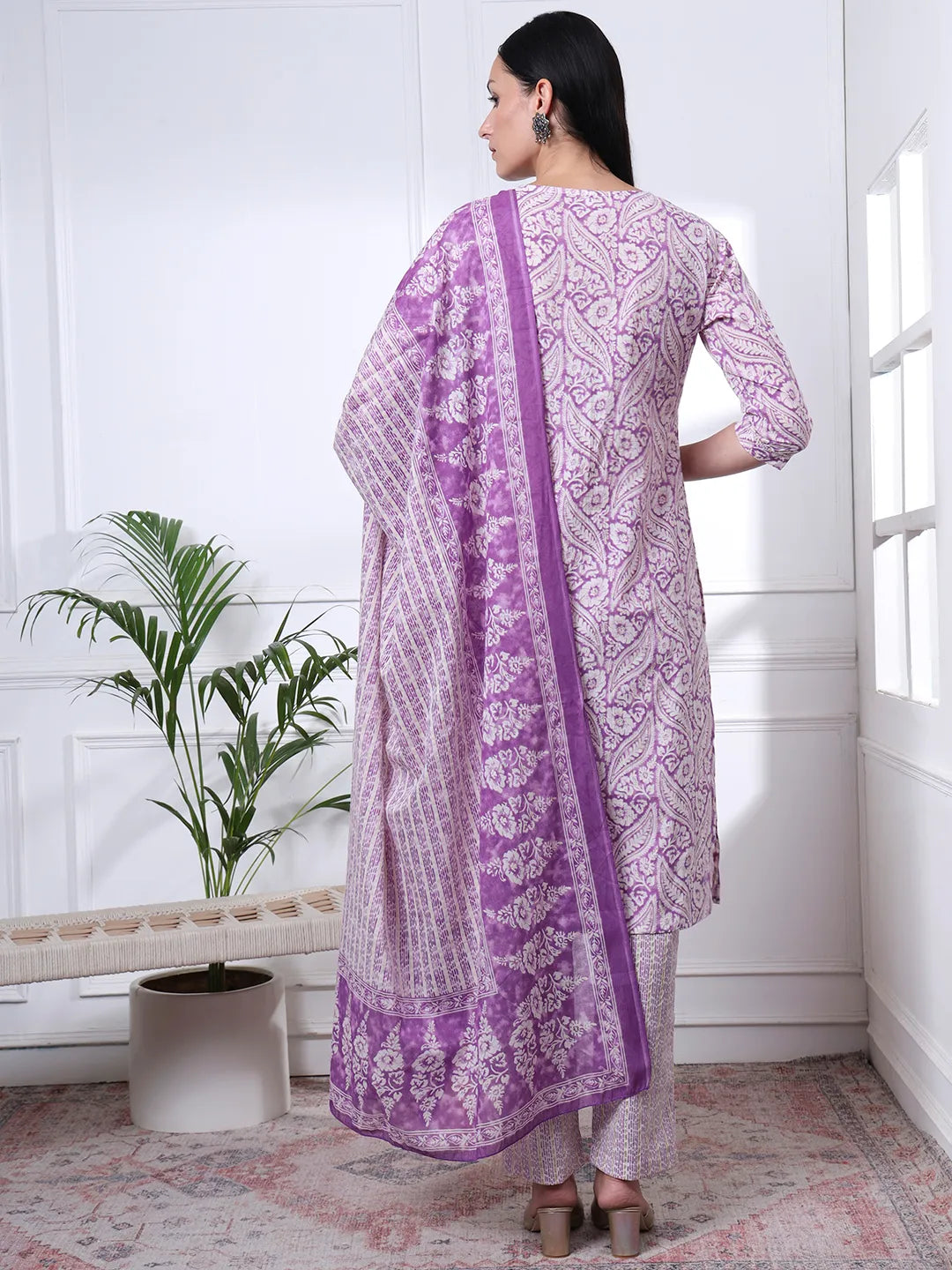 Purple Pure Cotton Ethnic Motifs Straight Kurta Trouser Dupatta Set
