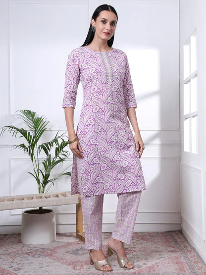 Purple Pure Cotton Ethnic Motifs Straight Kurta Trouser Dupatta Set