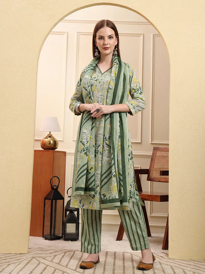 Green Pure Cotton Floral Thread Work Straight Kurta Trouser Dupatta Set