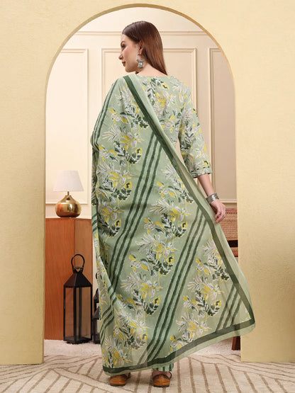 Green Pure Cotton Floral Thread Work Straight Kurta Trouser Dupatta Set