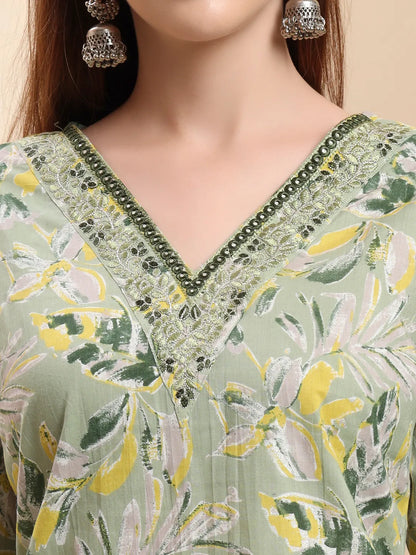 Green Pure Cotton Floral Thread Work Straight Kurta Trouser Dupatta Set