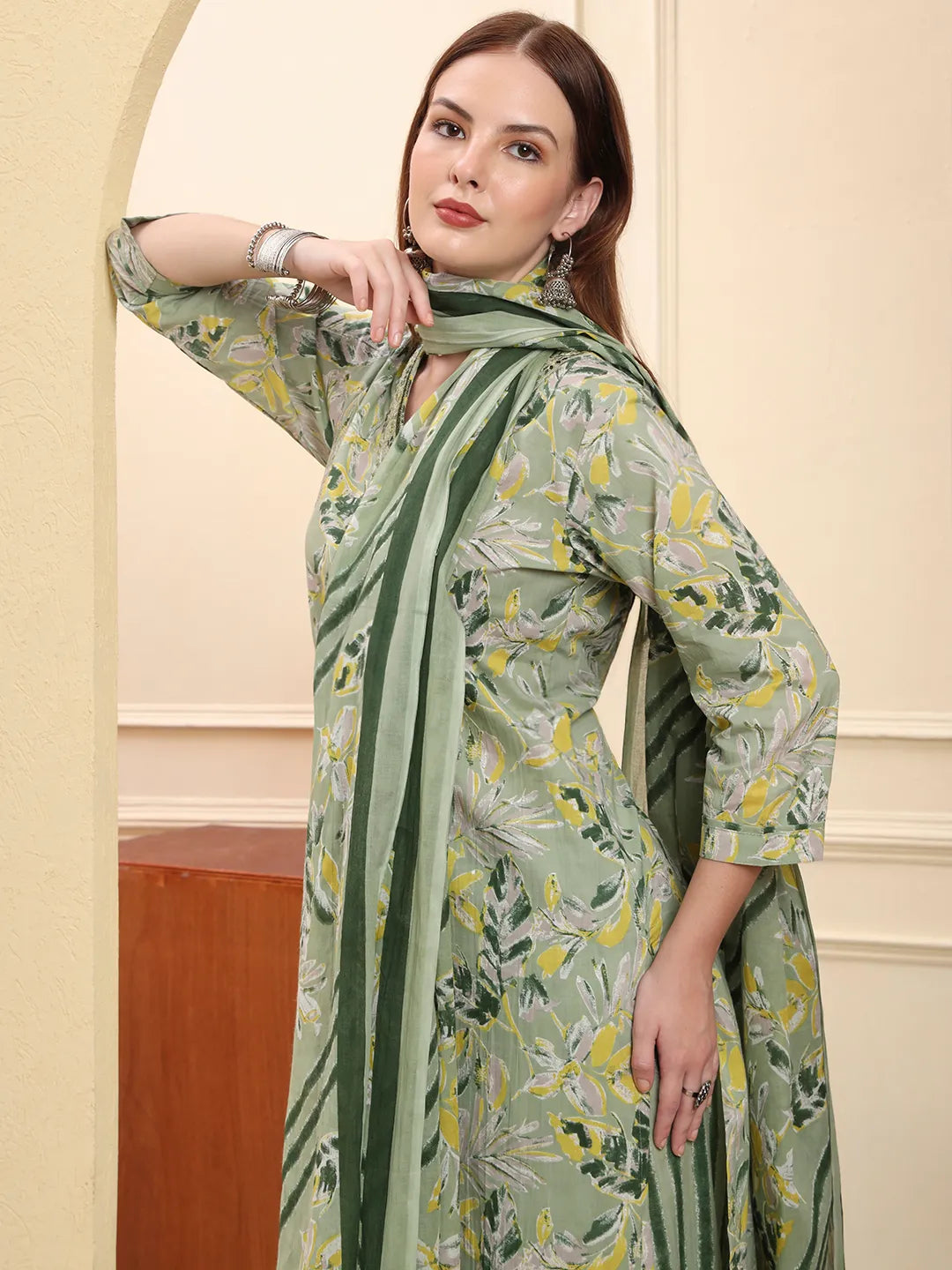 Green Pure Cotton Floral Thread Work Straight Kurta Trouser Dupatta Set