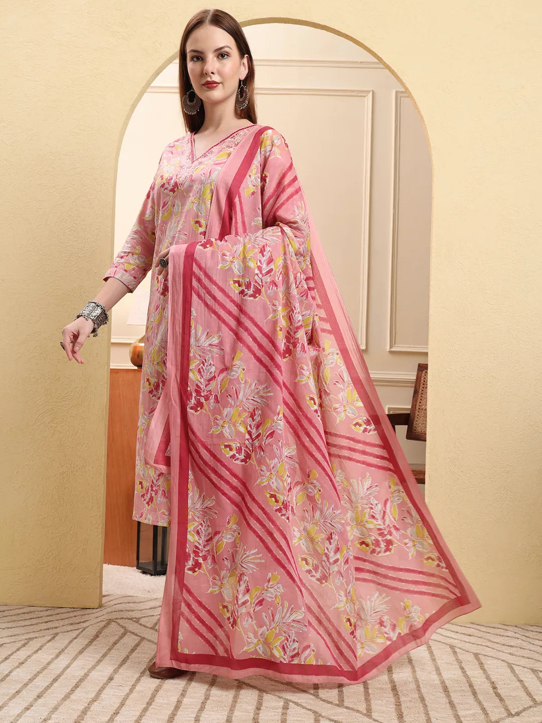 Pink Pure Cotton Floral Thread Work Straight Kurta Trouser Dupatta Set