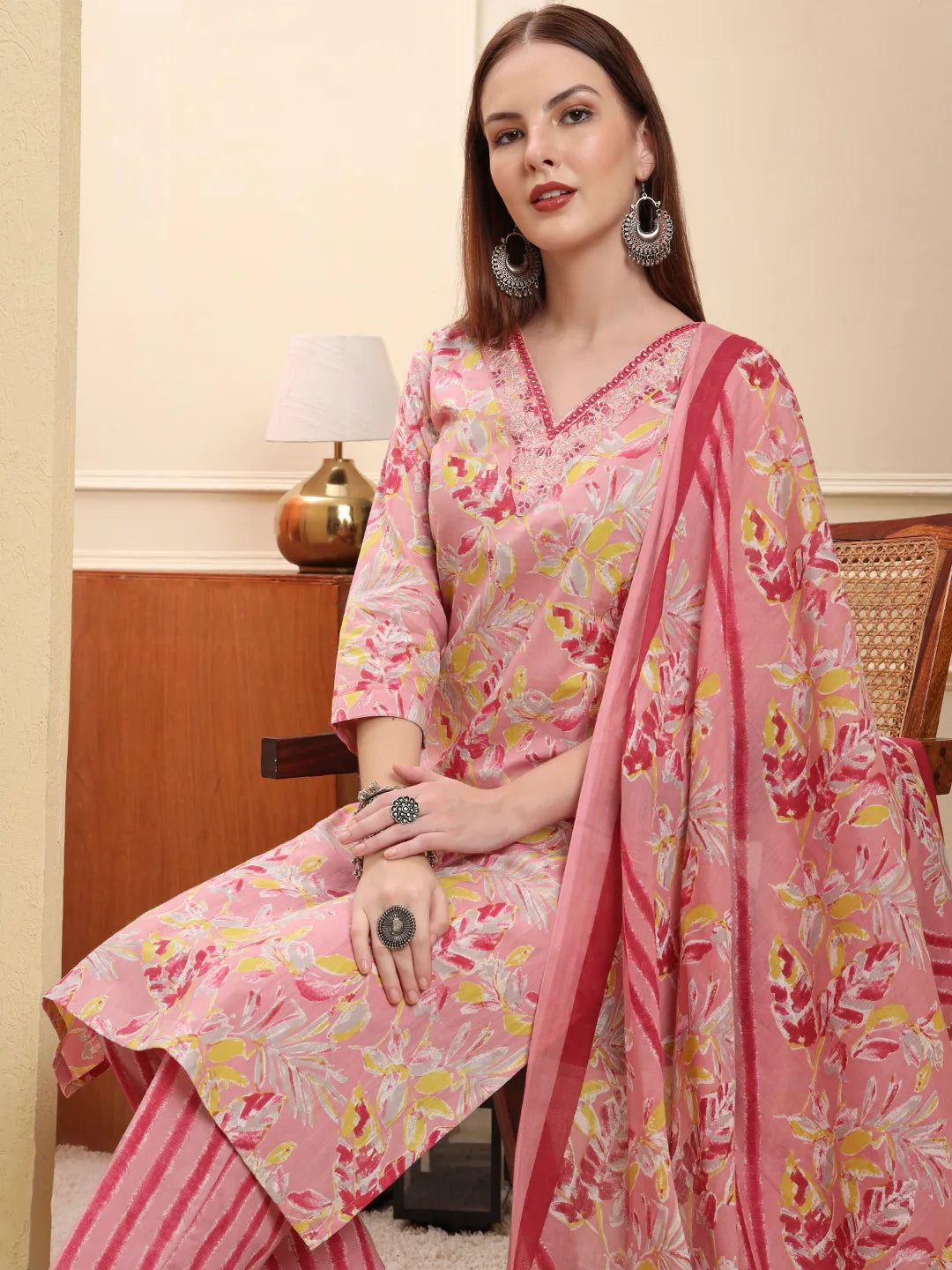 Pink Pure Cotton Floral Thread Work Straight Kurta Trouser Dupatta Set