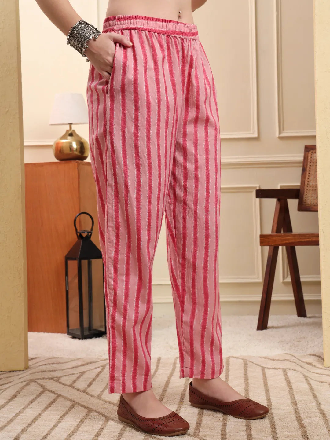 Pink Pure Cotton Floral Thread Work Straight Kurta Trouser Dupatta Set