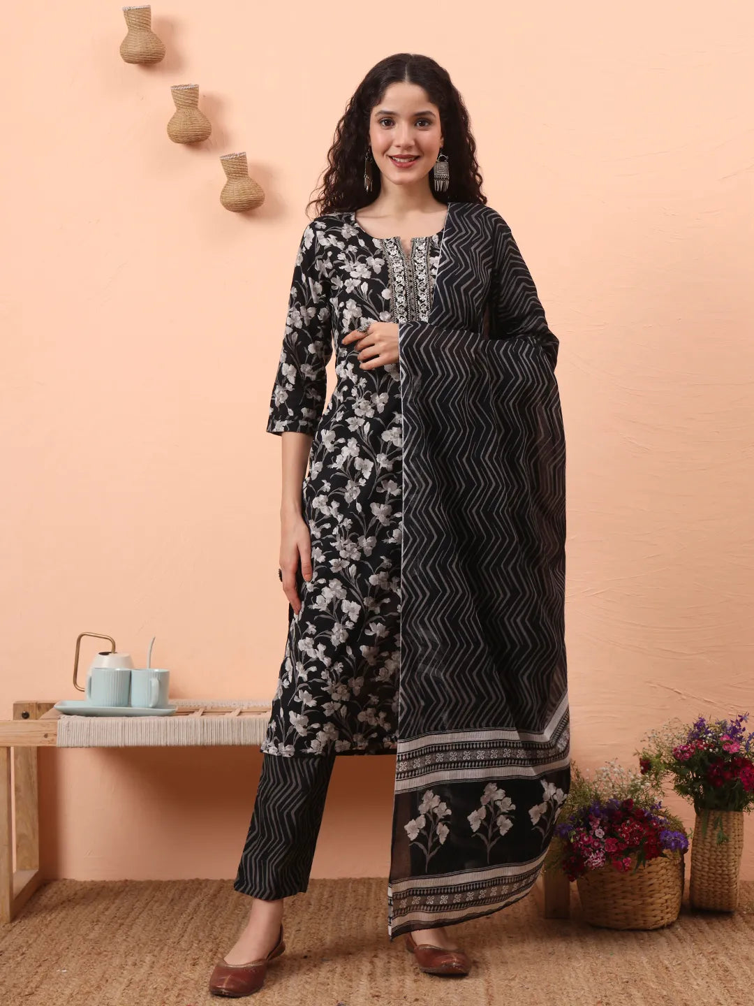 Women's Black Cotton Black Pure Cotton Thread Work Kurta Dupatta Pant Set by Yufta, suitable for wholesale buyers, boutiques, retailers, resellers and bulk fashion orders from Trendphoria