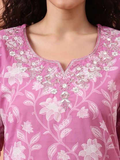 Purple Pure Cotton Thread Work Kurta Dupatta Pant Set