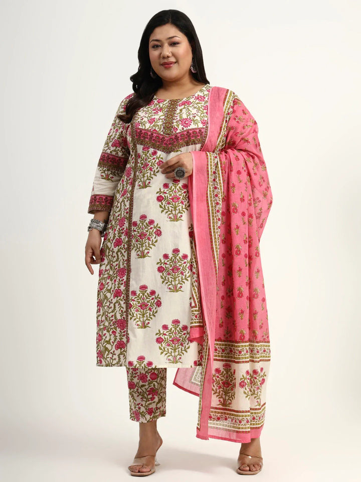 Pure Cotton Floral Sequins Work Kurta Dupatta Set