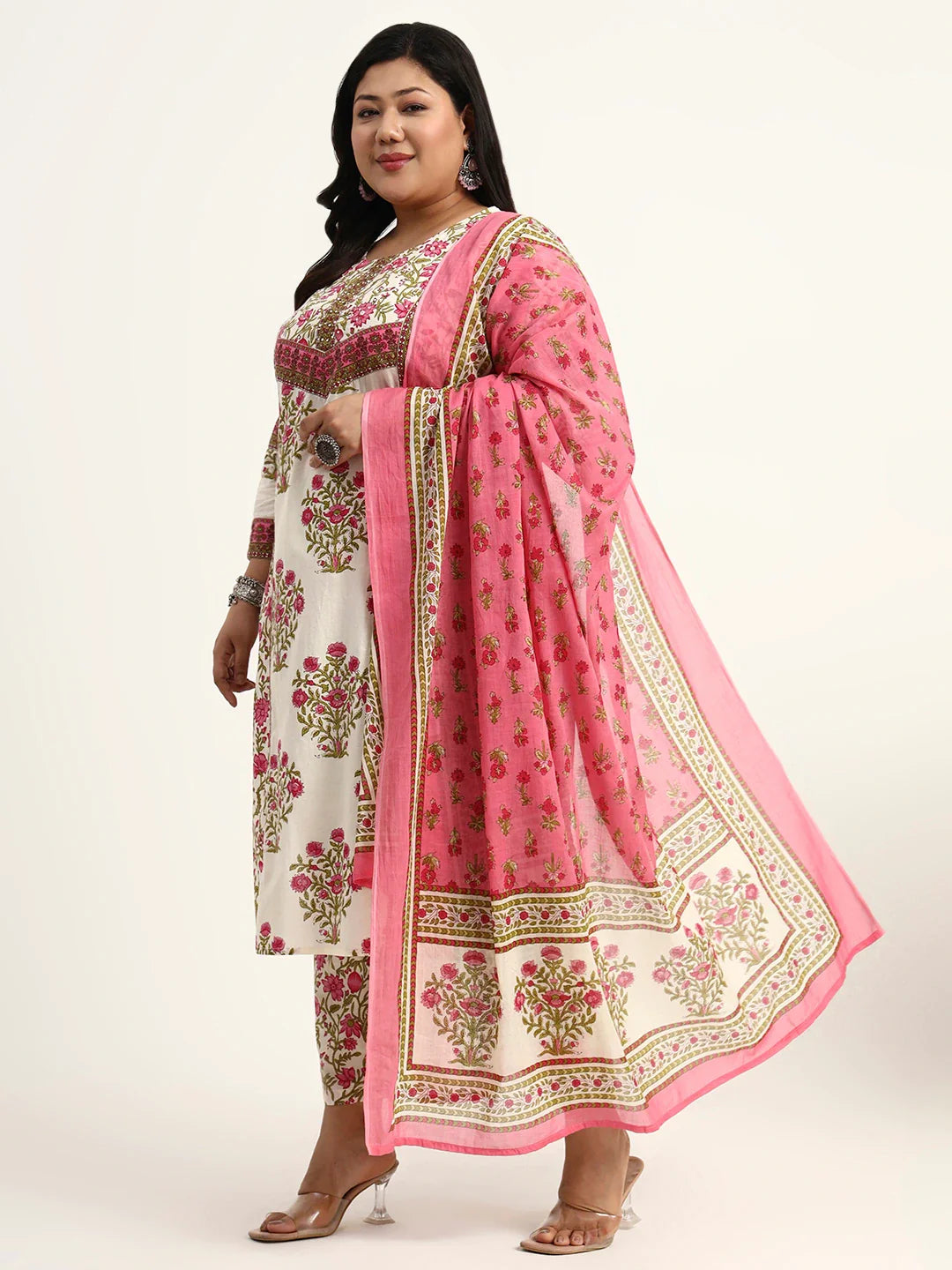 Pure Cotton Floral Sequins Work Kurta Dupatta Set