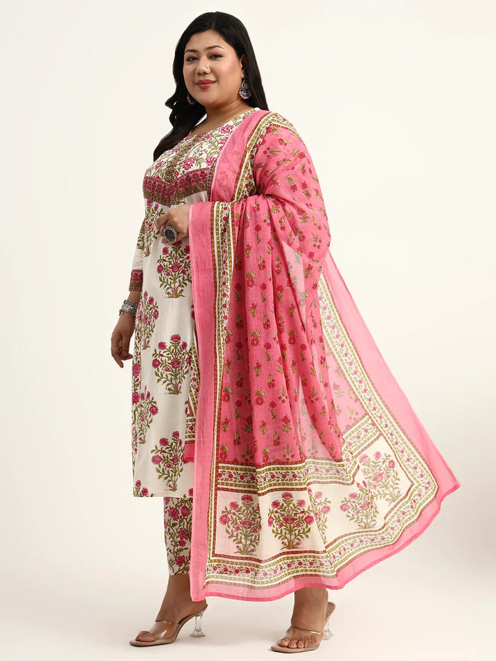 Pure Cotton Floral Sequins Work Kurta Dupatta Set