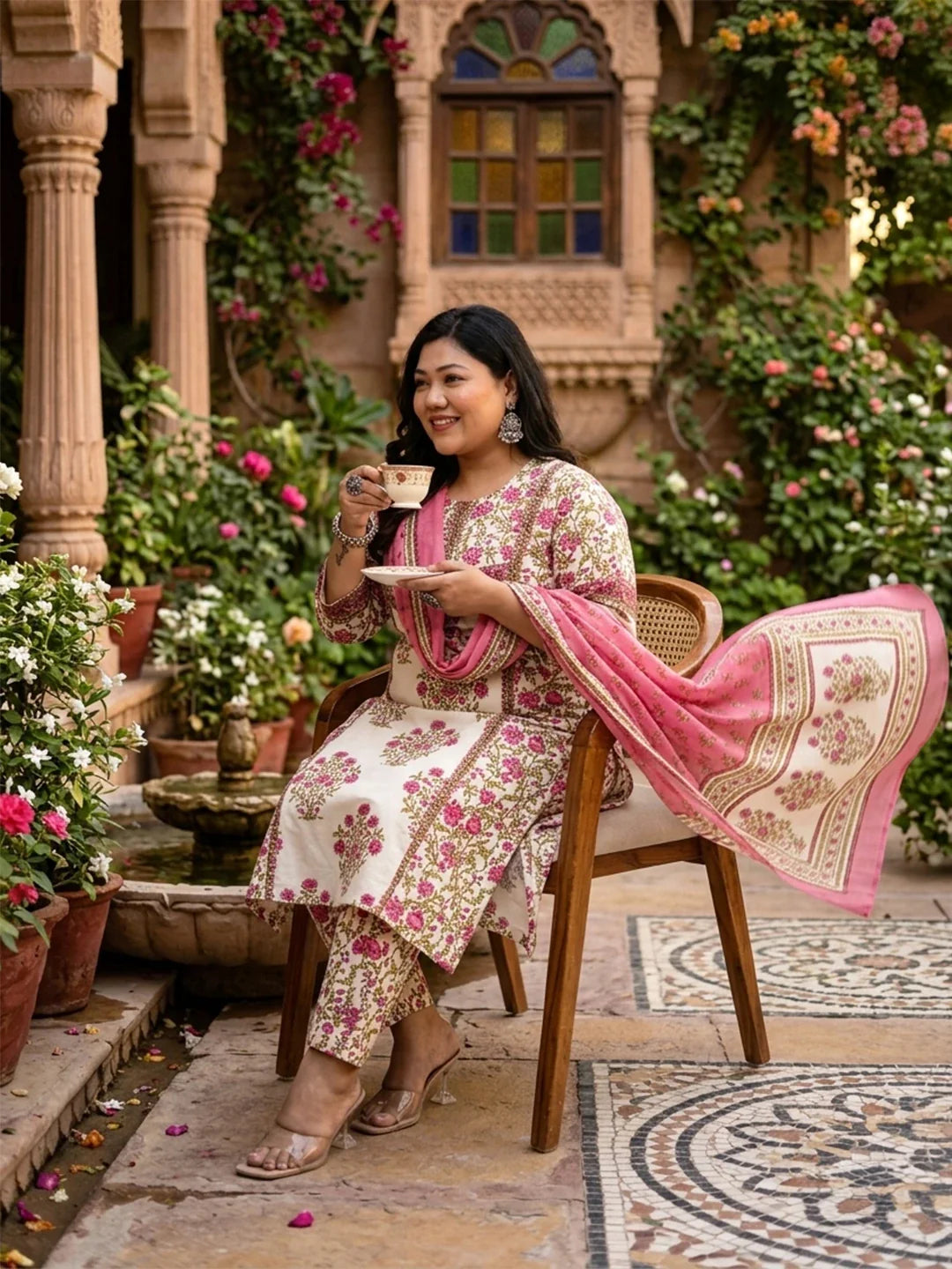 Pure Cotton Floral Sequins Work Kurta Dupatta Set