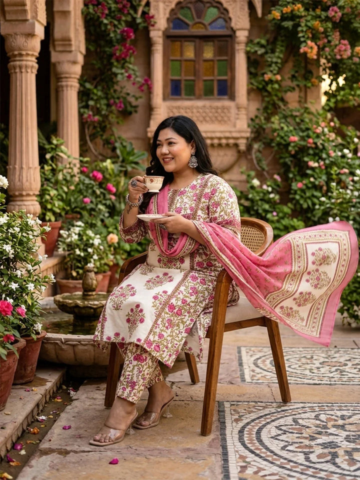 Pure Cotton Floral Sequins Work Kurta Dupatta Set