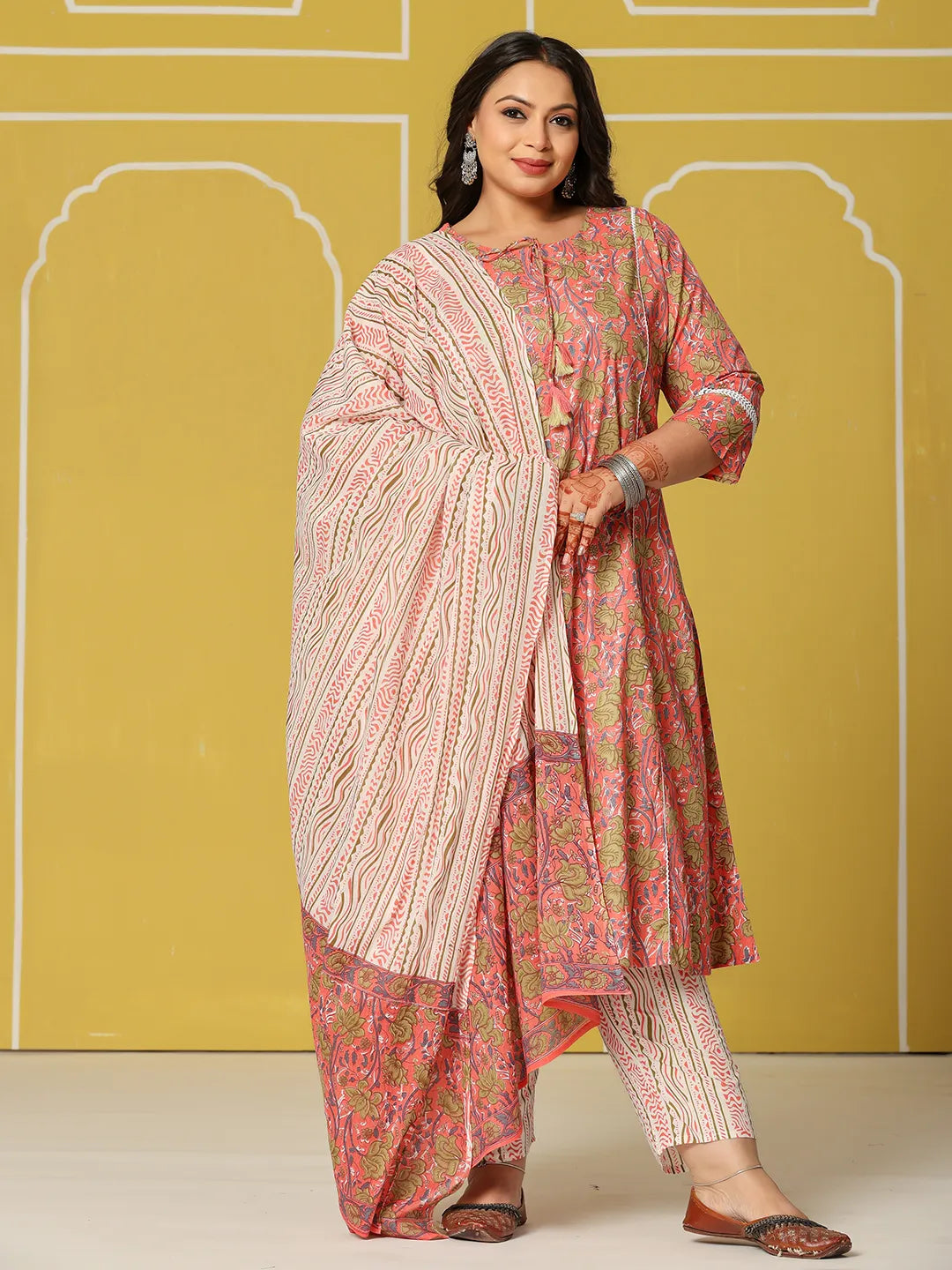 Pink Cotton A-Line Plus Size Kurta Set