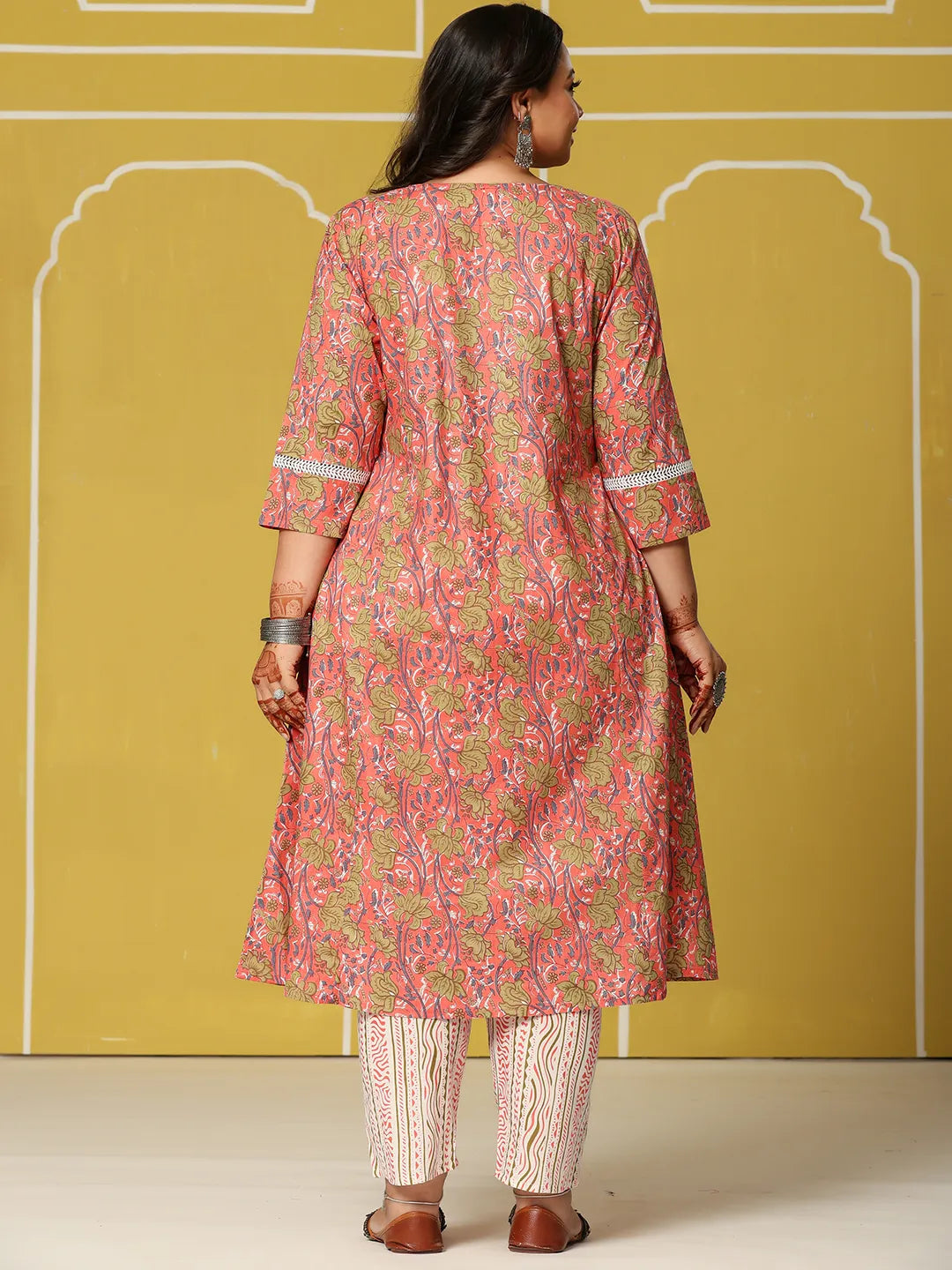 Pink Cotton A-Line Plus Size Kurta Set