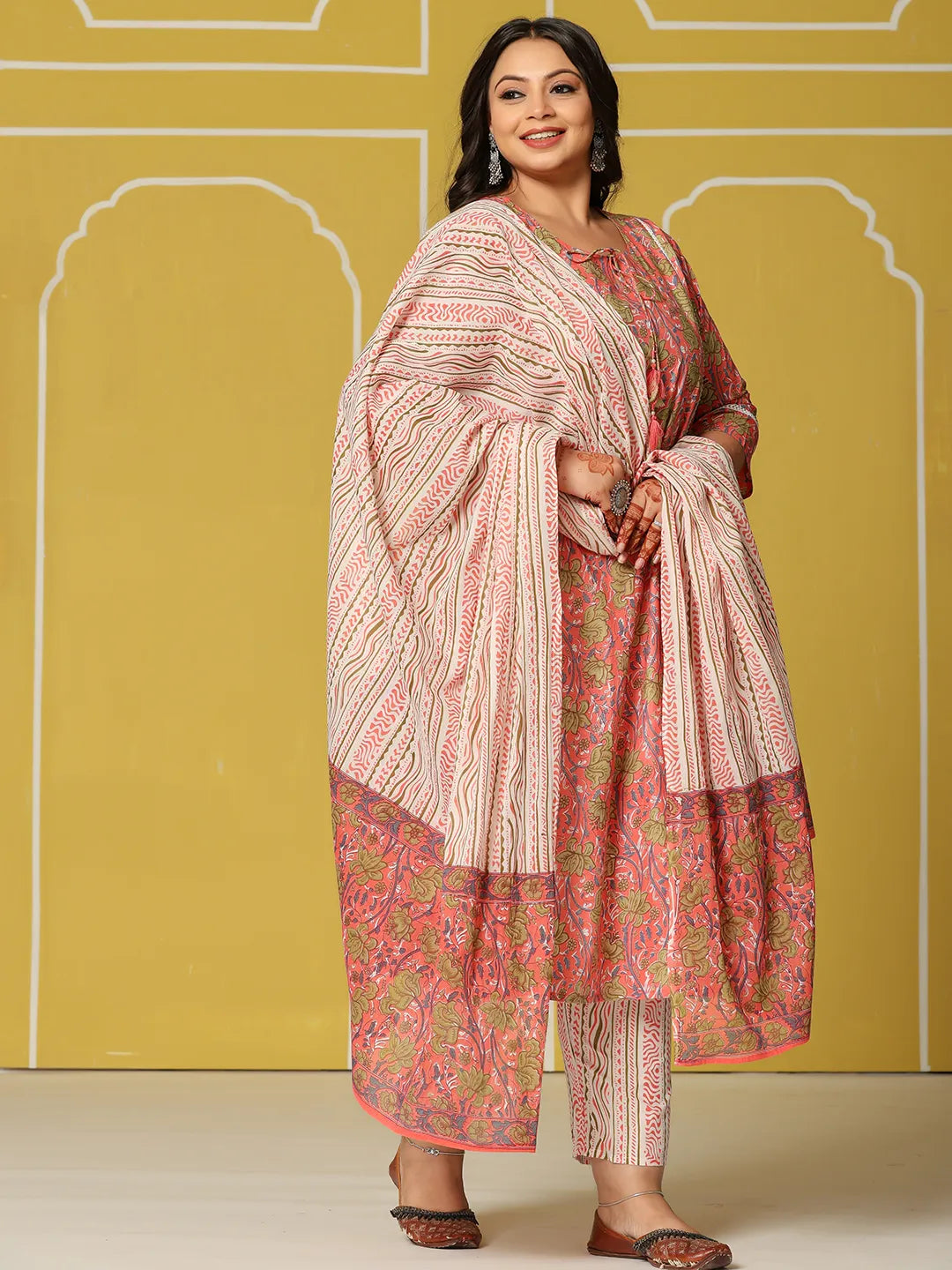 Pink Cotton A-Line Plus Size Kurta Set