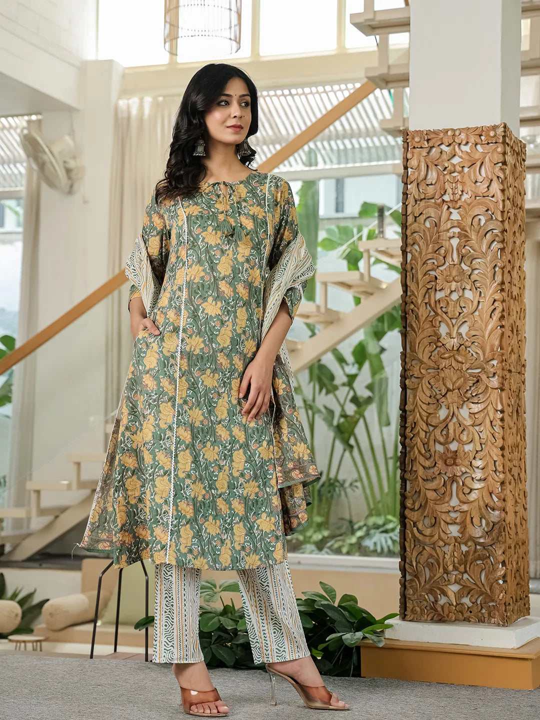 Green Floral A-Line Kurta Trouser Dupatta Set With Lace Work