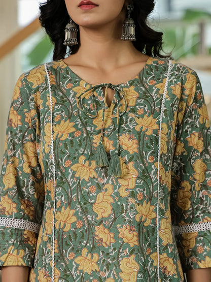 Green Floral A-Line Kurta Trouser Dupatta Set With Lace Work