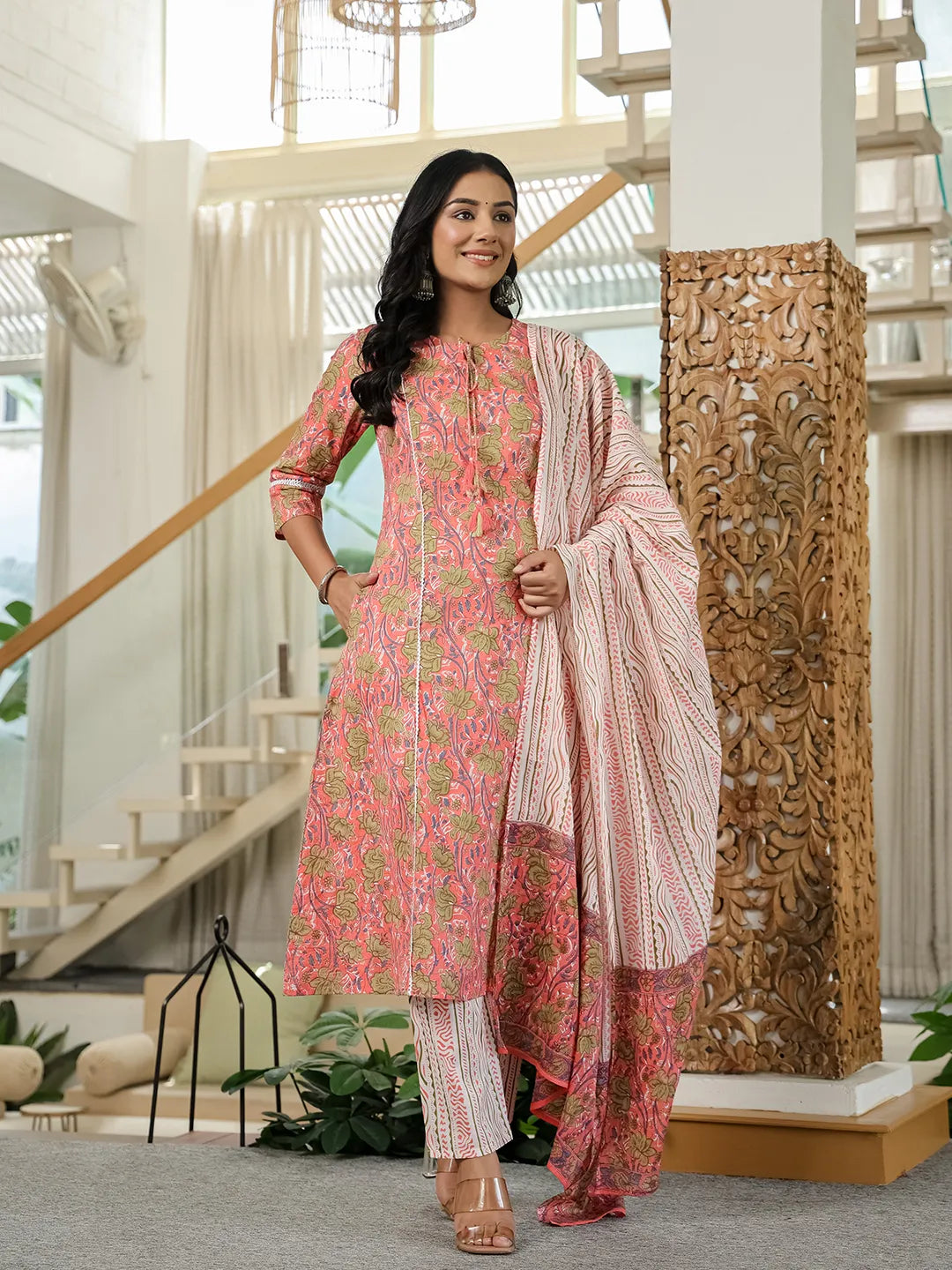 Pink Floral A-Line Kurta Trouser Dupatta Set With Lace Work