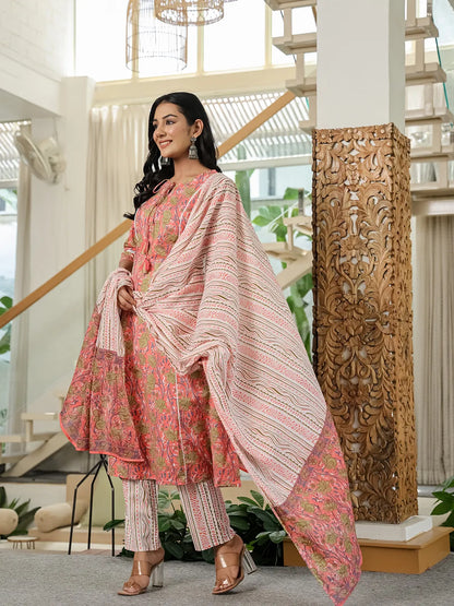Pink Floral A-Line Kurta Trouser Dupatta Set With Lace Work