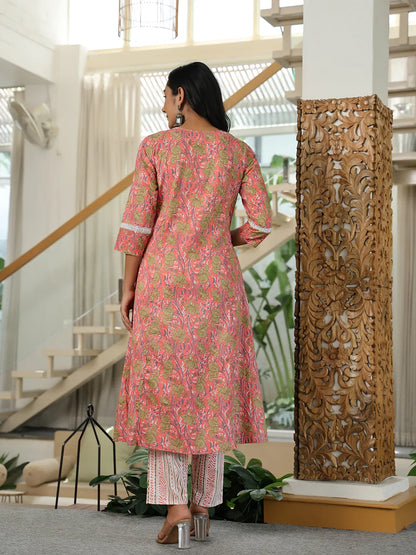 Pink Floral A-Line Kurta Trouser Dupatta Set With Lace Work