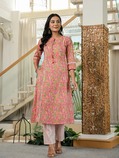 Pink Floral A-Line Kurta Trouser Dupatta Set With Lace Work