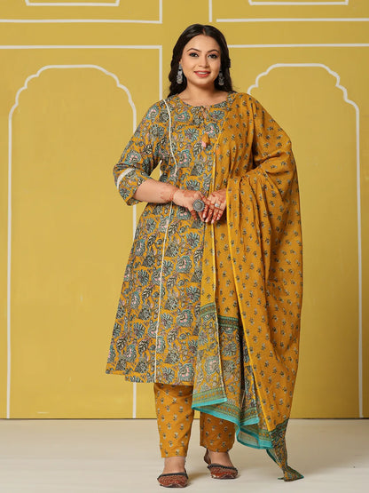 Yellow Cotton A-Line Plus Size Kurta Set