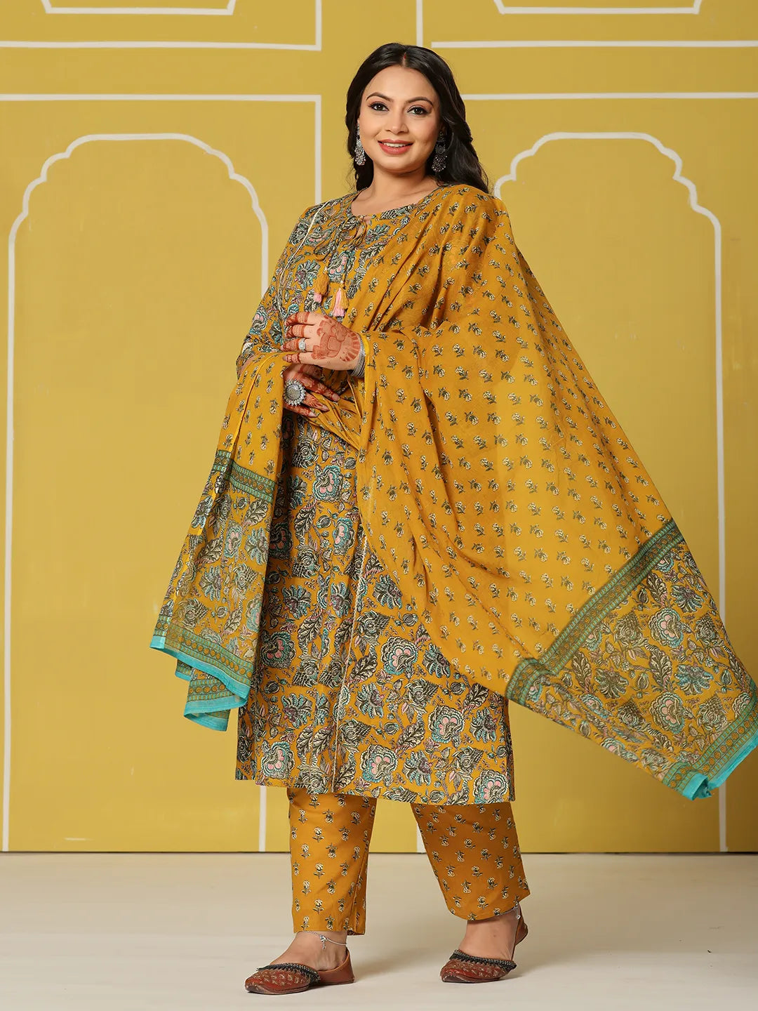 Yellow Cotton A-Line Plus Size Kurta Set