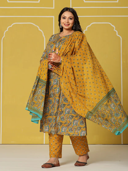 Yellow Cotton A-Line Plus Size Kurta Set