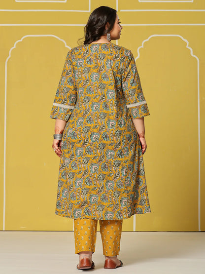 Yellow Cotton A-Line Plus Size Kurta Set