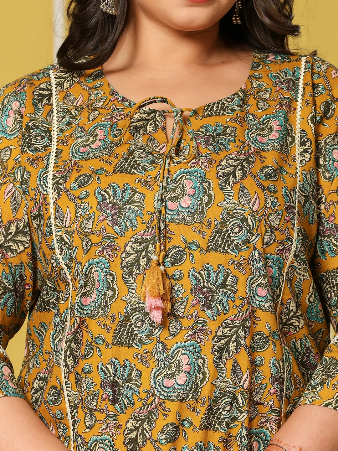 Yellow Cotton A-Line Plus Size Kurta Set