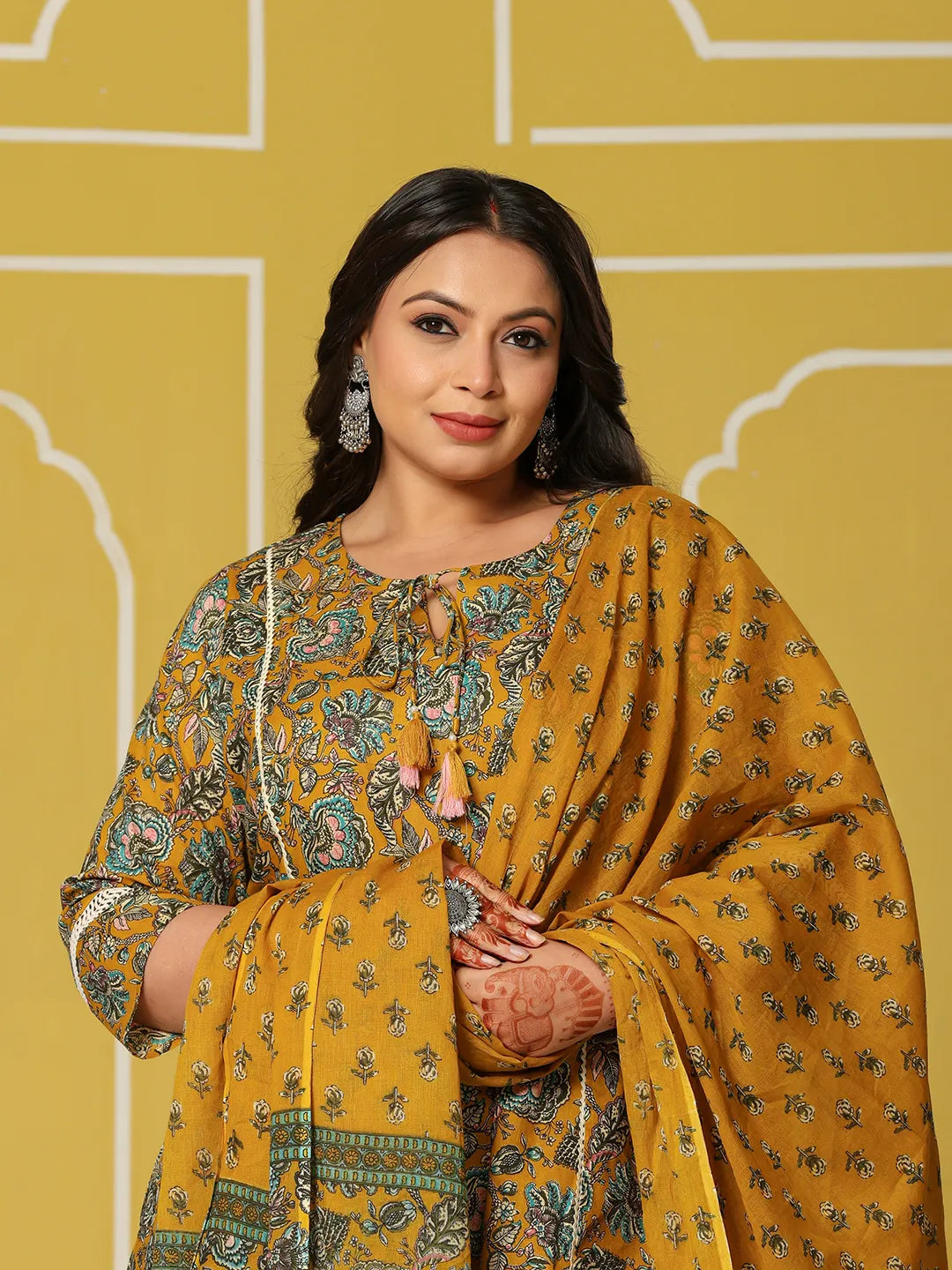 Yellow Cotton A-Line Plus Size Kurta Set