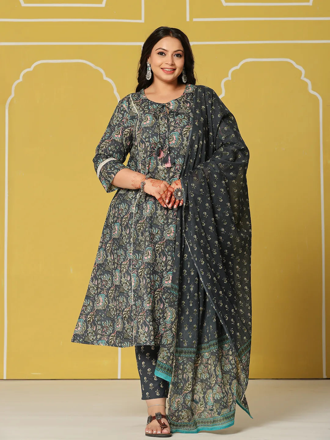 Navy Blue Cotton A-Line Plus Size Kurta Set