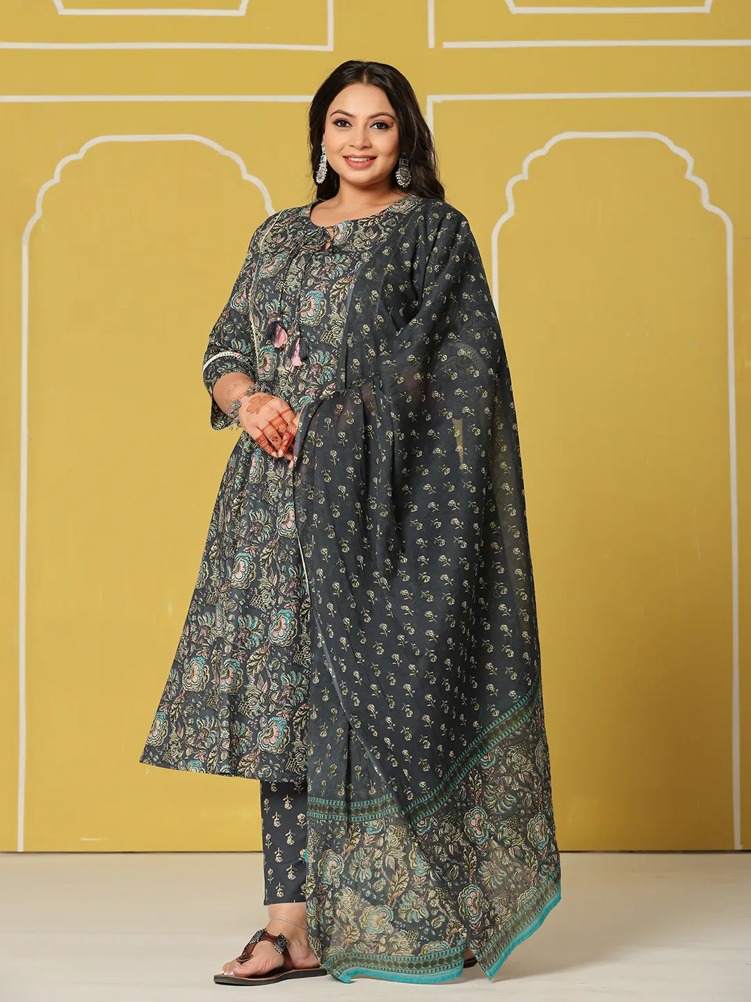 Navy Blue Cotton A-Line Plus Size Kurta Set