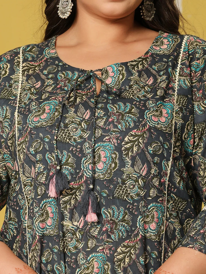 Navy Cotton A-Line Plus Size Kurta Set
