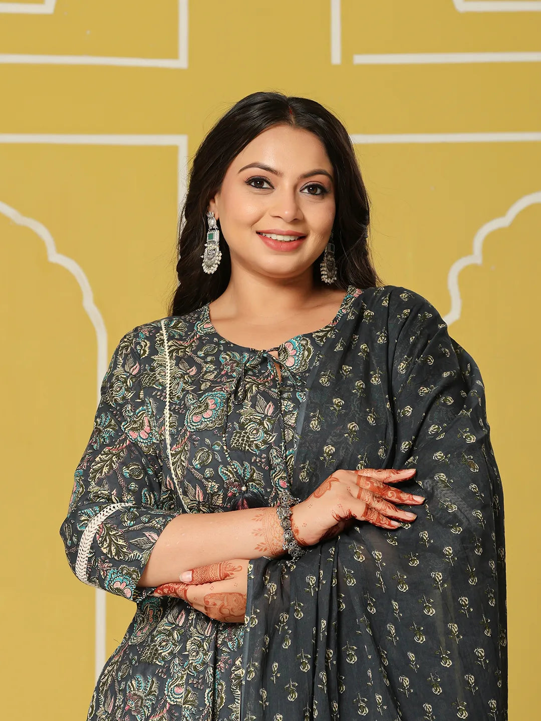 Navy Blue Cotton A-Line Plus Size Kurta Set