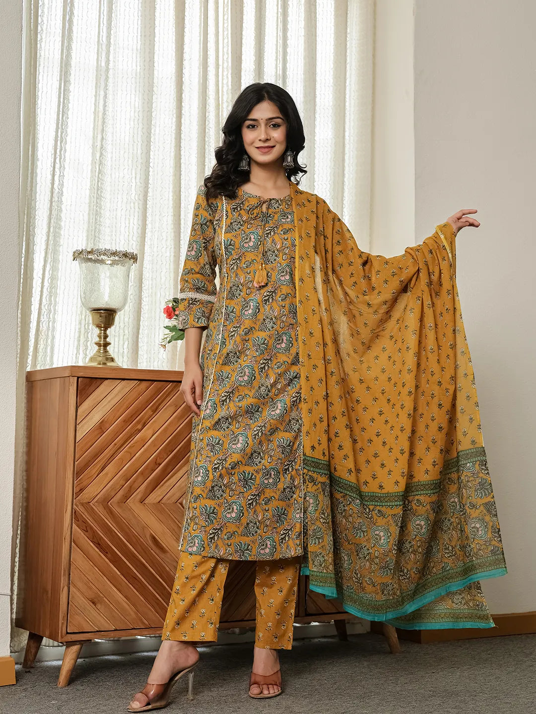 Mustard Yellow Floral A-Line Kurta Trouser Dupatta Set With Lace Work