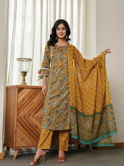 Mustard Yellow Floral A-Line Kurta Trouser Dupatta Set With Lace Work