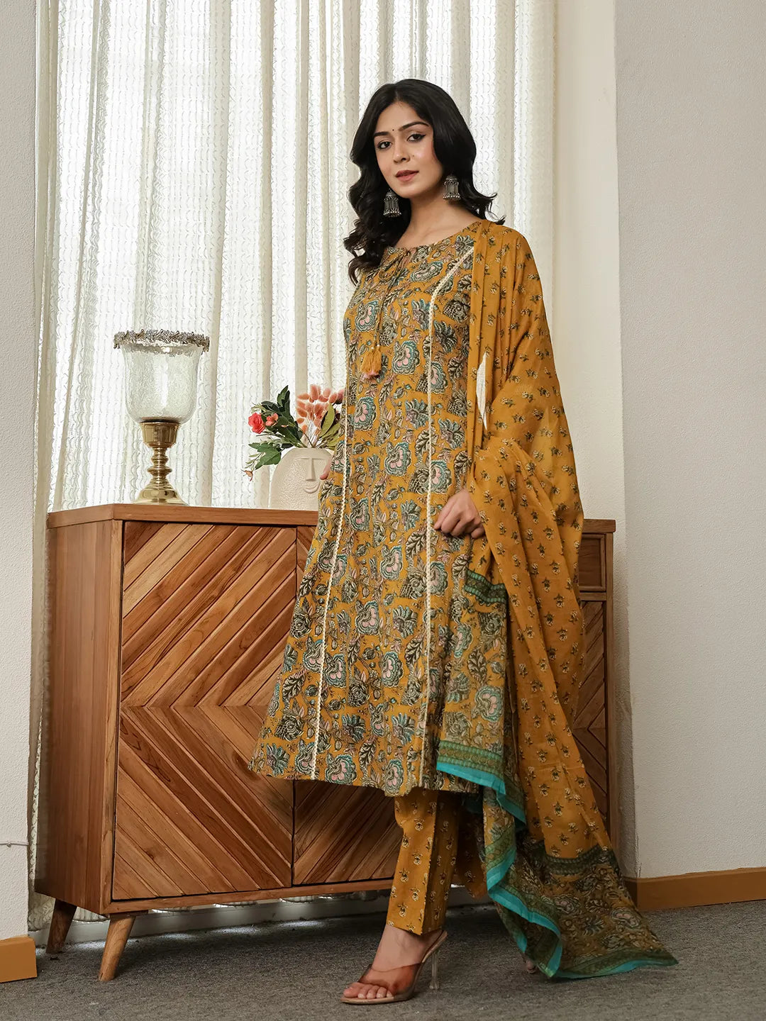 Mustard Yellow Floral A-Line Kurta Trouser Dupatta Set With Lace Work