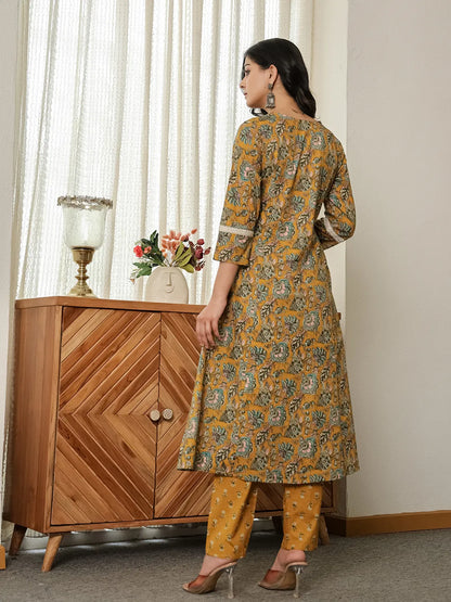 Mustard Yellow Floral A-Line Kurta Trouser Dupatta Set With Lace Work