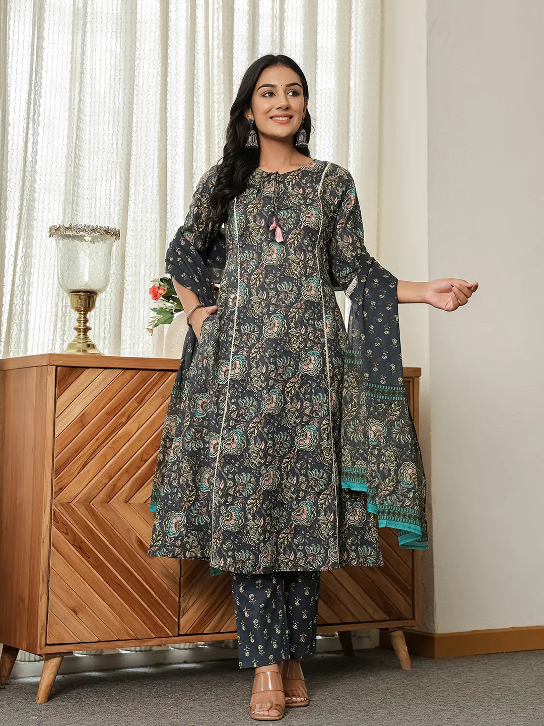Navy Blue Floral A-Line Kurta Trouser Dupatta Set With Lace Work