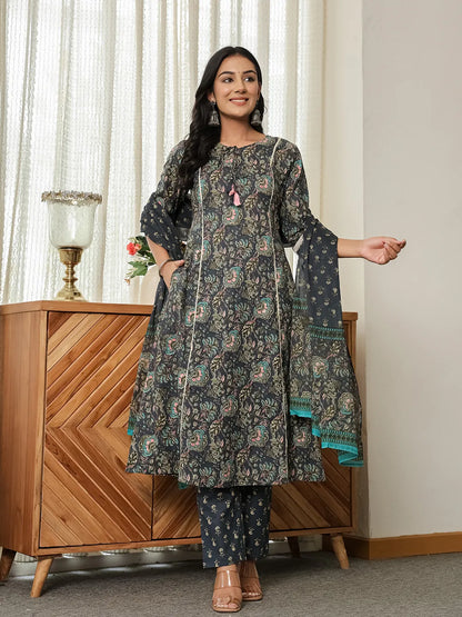 Navy Blue Floral A-Line Kurta Trouser Dupatta Set With Lace Work