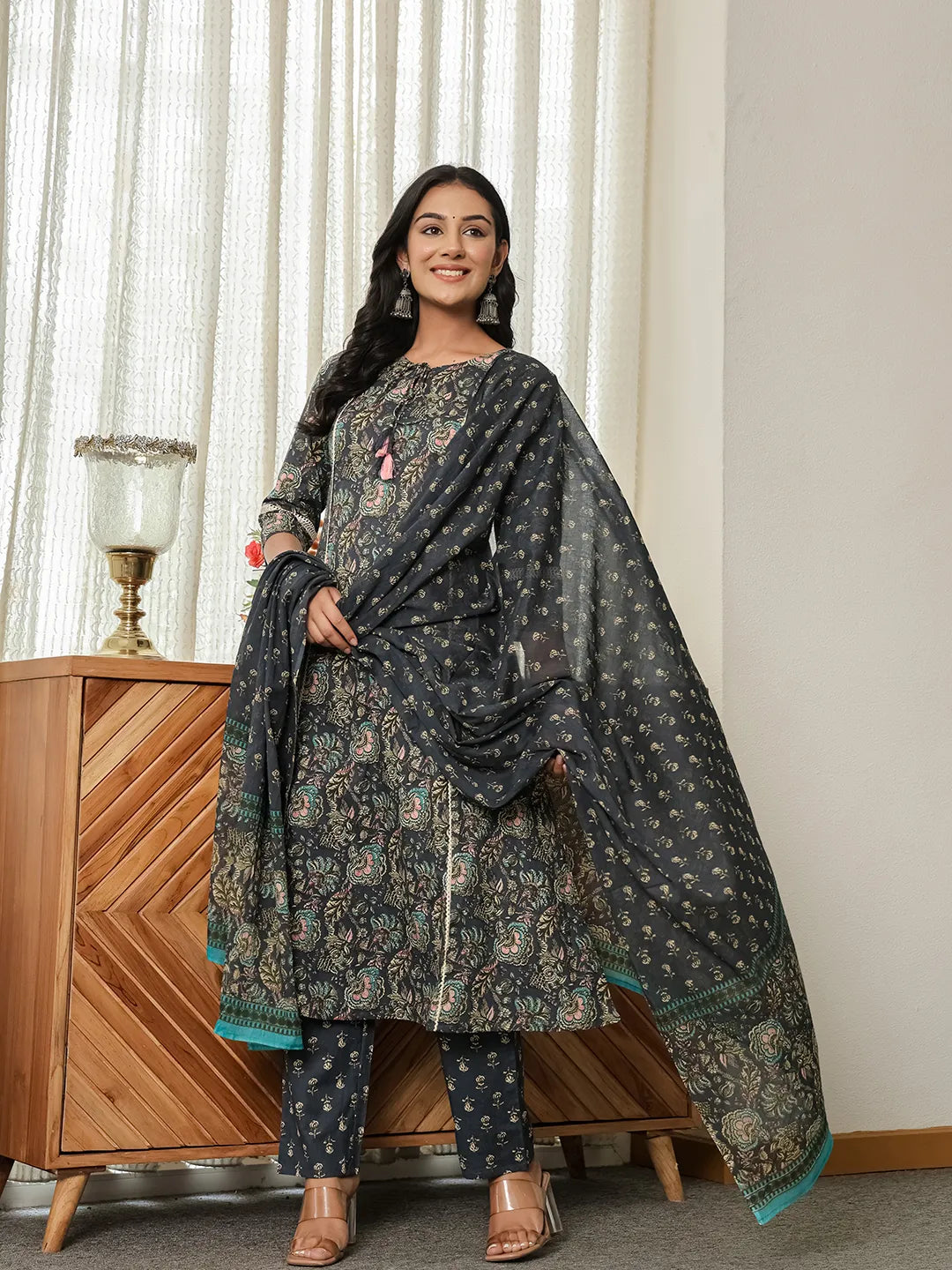 Navy Floral A-Line Kurta Trouser Dupatta Set With Lace Work