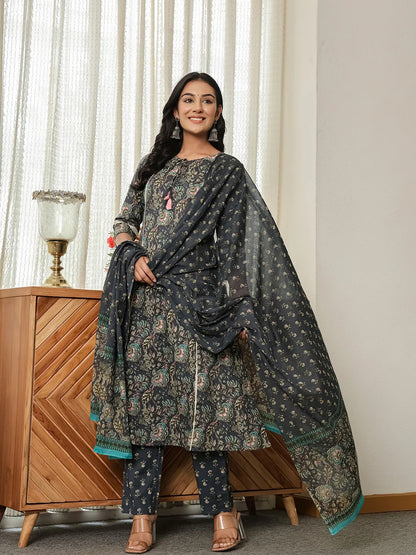 Navy Blue Floral A-Line Kurta Trouser Dupatta Set With Lace Work
