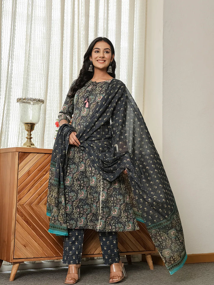 Navy Floral A-Line Kurta Trouser Dupatta Set With Lace Work