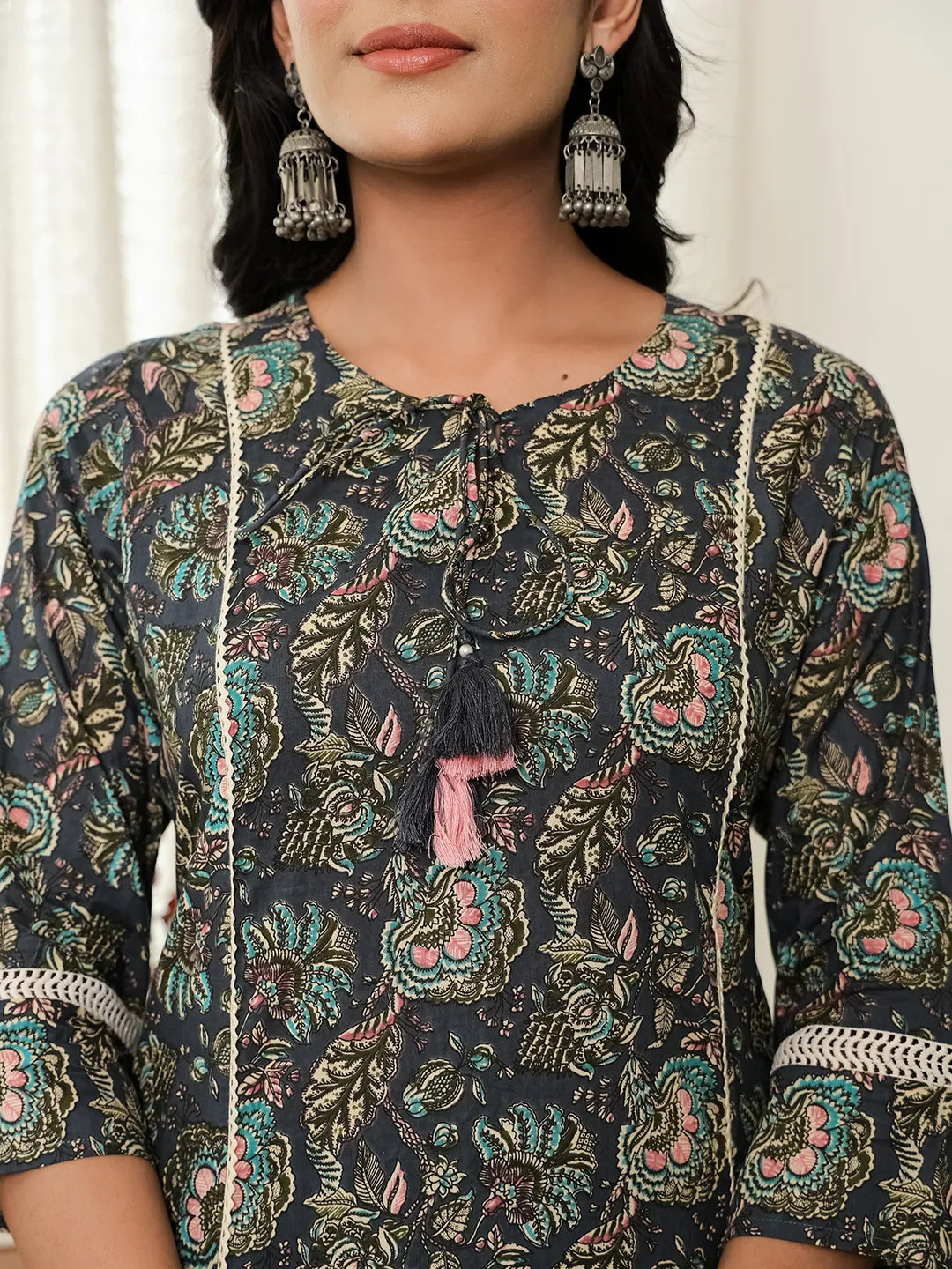 Navy Floral A-Line Kurta Trouser Dupatta Set With Lace Work