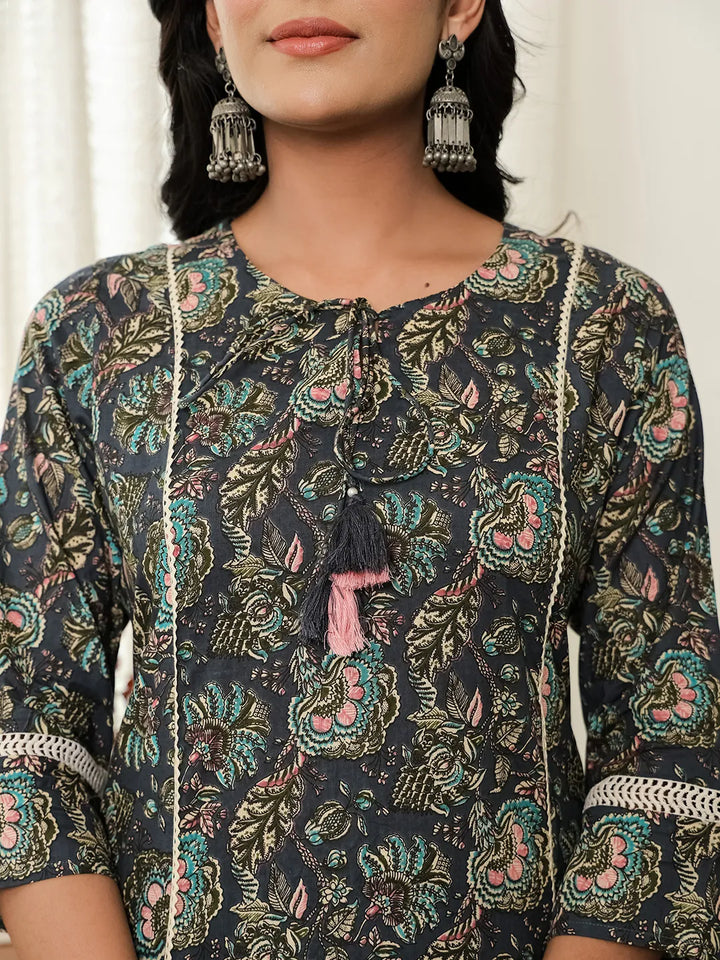 Navy Floral A-Line Kurta Trouser Dupatta Set With Lace Work
