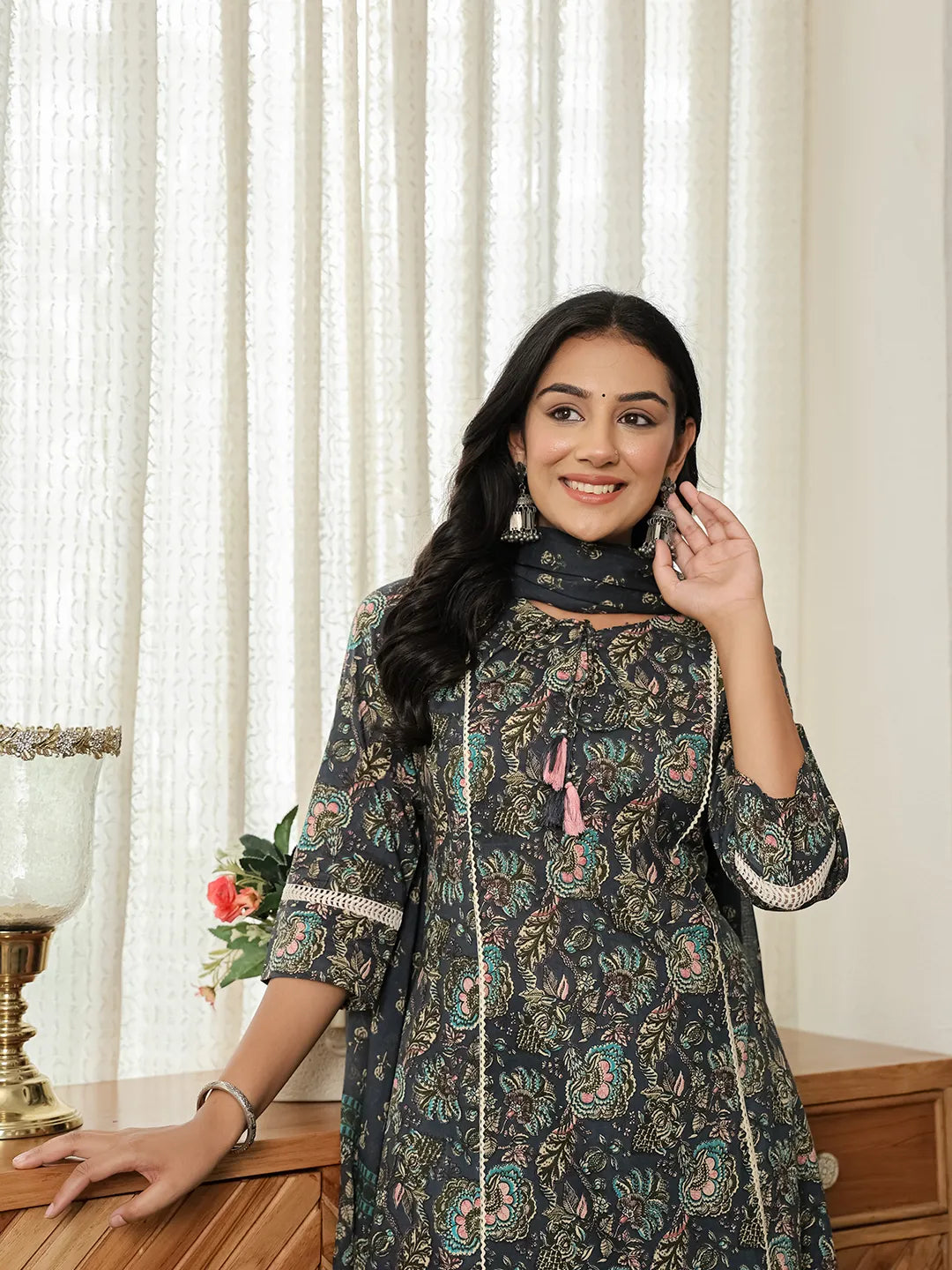 Navy Blue Floral A-Line Kurta Trouser Dupatta Set With Lace Work