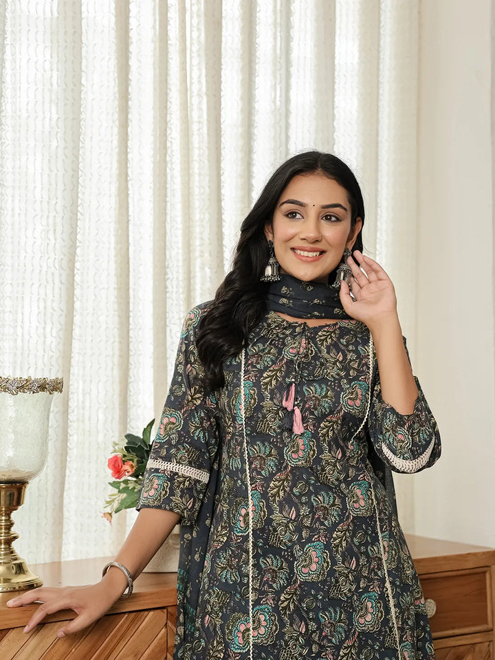 Navy Floral A-Line Kurta Trouser Dupatta Set With Lace Work